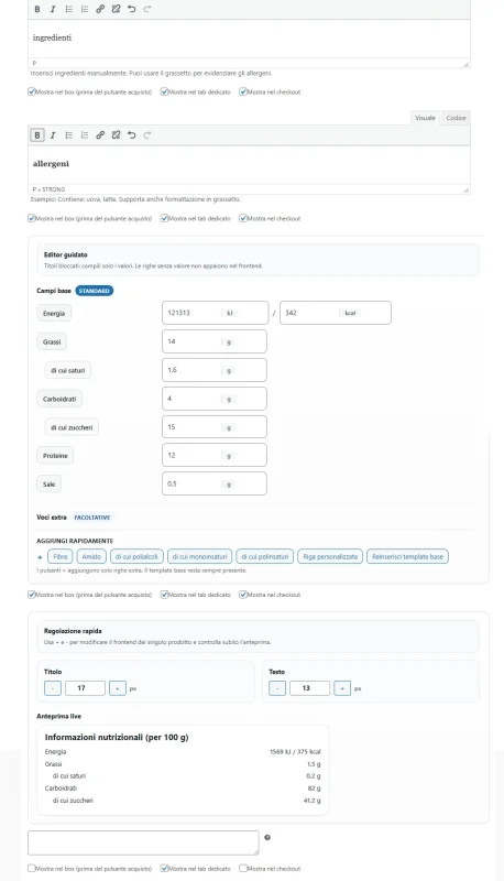backend woocommerce campi ingredienti easy