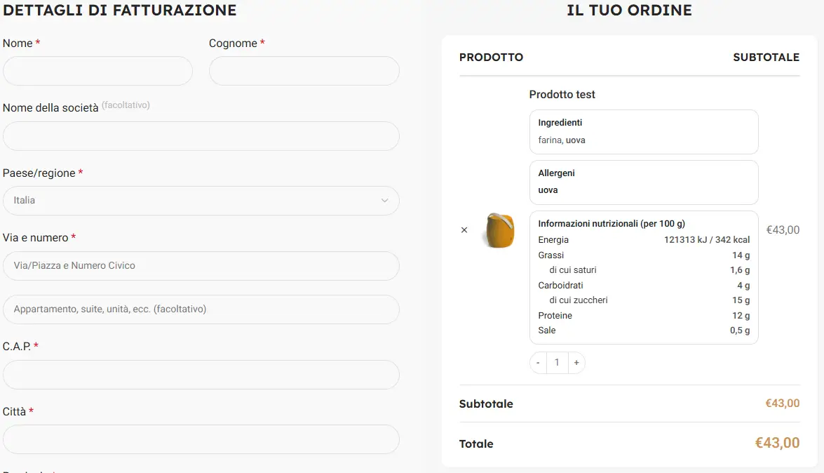 Checkout WooCommerce con riepilogo ingredienti e allergeni