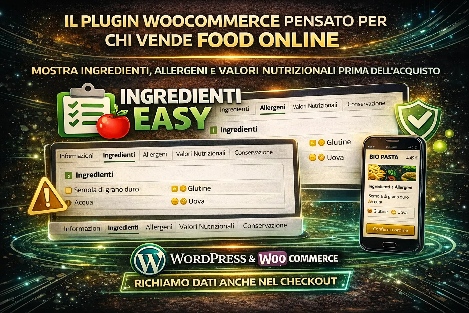Scheda prodotto WooCommerce con ingredienti e allergeni ordinati