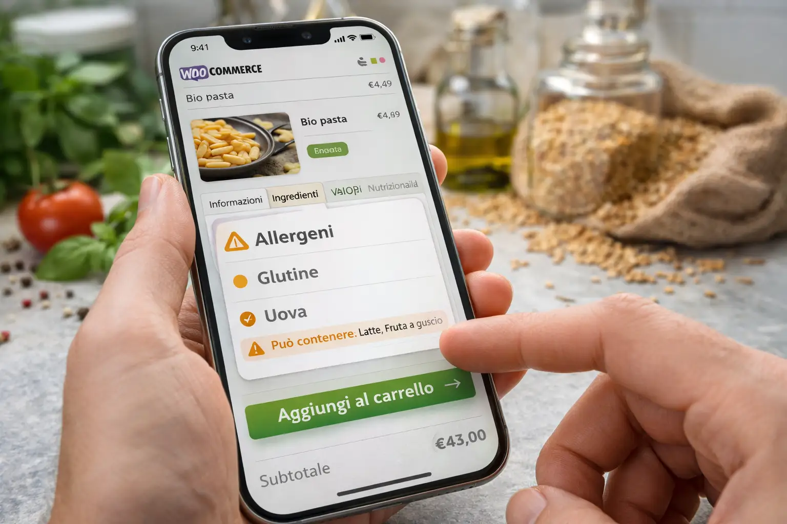 Riepilogo ordine con ingredienti e conservazione in evidenza
