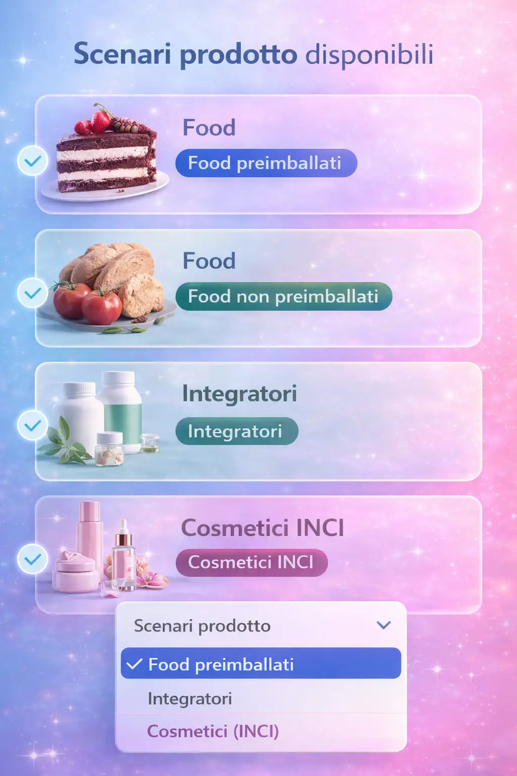 Dropdown scenario prodotto con opzioni food e INCI