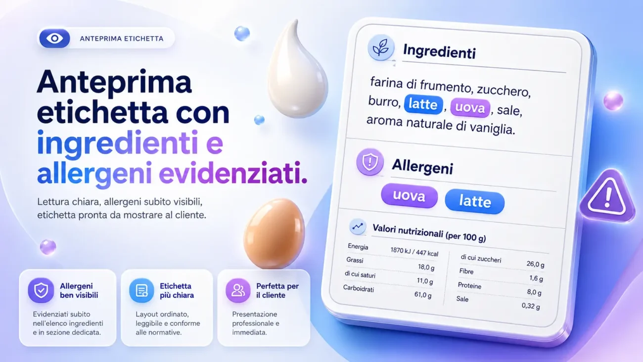Anteprima etichetta con ingredienti, allergeni e valori nutrizionali