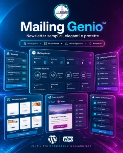Mailing Genio™ plugin newsletter WordPress per WooCommerce, pixel email italiani e consenso tracking Garante