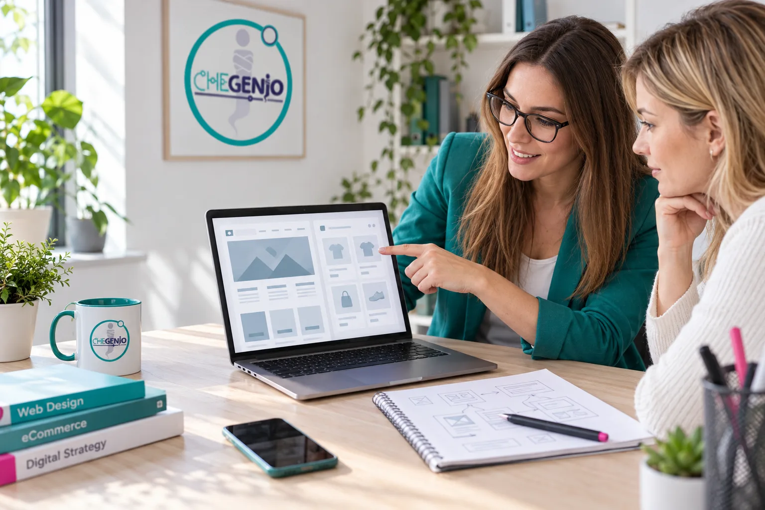 Professionista che analizza la struttura di un sito vetrina e di un e-commerce su laptop
